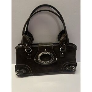 Vintage Y2K Dark Brown Faux Leather Buckle Satchel Shoulder Bag Espresso Silver